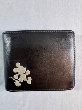 Disney Store Mickey Mouse Bifold Wallet Dark Brown Embroidered ID Window